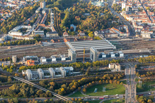 Aerial view of Construction site to build a new office and commercial building on Schwarzwaldstrasse in Karlsruhe in the state Baden-Wurttemberg, Germany