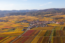 Autumnal discolored vegetation view village - view on the edge of wine yards in Kallstadt in the state Rhineland-Palatinate, Germany