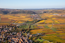 Autumnal colored village view in the district Jerusalemsberg in Kirchheim an der Weinstraße in the state Rhineland-Palatinate, Germany out of the air