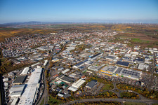 Aerial view of Building and production halls on the premises of Aafes Europa in Gruenstadt in the state Rhineland-Palatinate, Germany