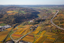 Autumnal discolored vegetation view town center on the edge of vineyards and wineries in the wine-growing area in Neuleiningen in the state Rhineland-Palatinate, Germany