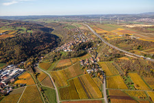 Aerial photograpy of Autumnal discolored vegetation view town center on the edge of vineyards and wineries in the wine-growing area in Neuleiningen in the state Rhineland-Palatinate, Germany