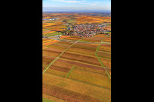 View of the village surrounded by vineyards from the south in the district Jerusalemsberg in Kirchheim an der Weinstraße in the state Rhineland-Palatinate, Germany