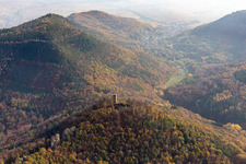 Aerial view of Scharfenberg Castle Ruins in Leinsweiler in the state Rhineland-Palatinate, Germany