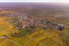Autumnal discolored vegetation view village on the edge of vineyards and wineries in the wine-growing area in Schweigen in the state Rhineland-Palatinate, Germany