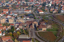 Aerial view of German Wine Gate in the district Schweigen in Schweigen-Rechtenbach in the state Rhineland-Palatinate, Germany
