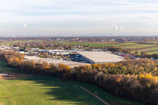 Oblique view of Horst industrial park with Magna Exteriors, Zufall Logistics, STS Group and Thermo Fisher in the district Minderslachen in Kandel in the state Rhineland-Palatinate, Germany
