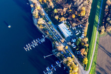 Pleasure boat marina with docks and moorings on the shore area of Segelclub RKC Woerth e.V. in Woerth am Rhein in the state Rhineland-Palatinate, Germany