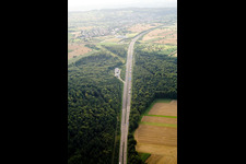 Aerial view of Mutschelbach, A8 motorway parking lot in the district Untermutschelbach in Karlsbad in the state Baden-Wuerttemberg, Germany