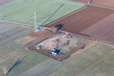 Aerial photograpy of Tank and feed pump for oil production in the Rhine plain in Niederlauterbach in Grand Est, France