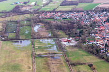 Aerial view of Flooded flood ditch/Erlenbach at the Waschmühle in Billigheim-Ingenheim in the state Rhineland-Palatinate, Germany