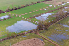 Aerial view of Flooded Bruchgraben, Buschurgraben, Flutgraben, Erlenbach in Steinweiler in the state Rhineland-Palatinate, Germany