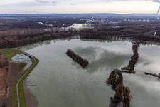 Aerial view of Riparian areas and flooded flood meadows of Polder Neupotz due to a river bed leading to flood levels of the Rhine river in Neupotz in the state Rhineland-Palatinate, Germany