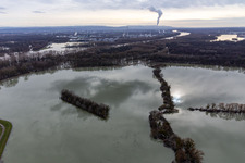 Aerial photograpy of Riparian areas and flooded flood meadows of Polder Neupotz due to a river bed leading to flood levels of the Rhine river in Neupotz in the state Rhineland-Palatinate, Germany