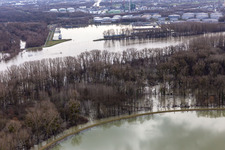 Quays and boat moorings at the port of the inland port Oelhafen when the Rhine floods in Karlsruhe in the state Baden-Wurttemberg, Germany