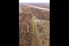 Aerial view of Flooded Rhine meadows at the Rhine dam in Neupotz in the state Rhineland-Palatinate, Germany