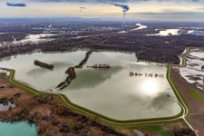 Aerial view of Riparian areas and flooded flood meadows of Polder Neupotz due to a river bed leading to flood levels of the Rhine river in Neupotz in the state Rhineland-Palatinate, Germany