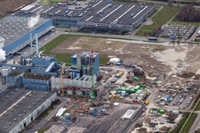 Construction of the new gas- hydrogen-power plant at paer mill Papierfabrik Palm GmbH & Co. KG in the district Industriegebiet Woerth-Oberwald in Woerth am Rhein in the state Rhineland-Palatinate seen from above