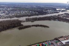 Aerial view of Dredger in the state port of Wörth during flooding in the district Maximiliansau in Wörth am Rhein in the state Rhineland-Palatinate, Germany