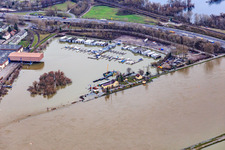 Marina Motorboat Club Karlsruhe eV during flood in the district Knielingen in Karlsruhe in the state Baden-Wuerttemberg, Germany