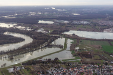 Aerial view of Hagenbacher Altrhein in front of the island of Nauas during flood in the district Maximiliansau in Wörth am Rhein in the state Rhineland-Palatinate, Germany