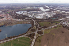 Building and production halls on the premises of the Daimler Truck AG behind the Schaeuffele gravel lake at the Woerth junction of the A65 in Woerth am Rhein in the state Rhineland-Palatinate, Germany