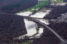 Aerial view of Forest area Bienwald Otterbach with flooded meadows on the A65 in Kandel in the state Rhineland-Palatinate, Germany