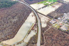 Aerial view of Land under water at the Otterbach with flooded meadows on the A65 in Kandel in the state Rhineland-Palatinate, Germany