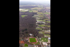 Aerial view of Land under water with flooded meadows between Floßgraben and Dörniggraben on the Saarstr in Kandel in the state Rhineland-Palatinate, Germany
