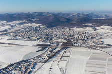 Winter aerial view in the snow in Bad Bergzabern in the state Rhineland-Palatinate, Germany
