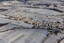 Winter aerial view in the snow in Niederhorbach in the state Rhineland-Palatinate, Germany