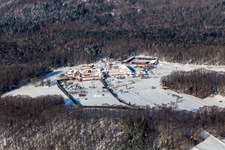Winter aerial view in the snow of the Liebfrauenberg Monastery in Bad Bergzabern in the state Rhineland-Palatinate, Germany