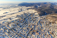 Winter aerial view in snow from the southwest in Bad Bergzabern in the state Rhineland-Palatinate, Germany