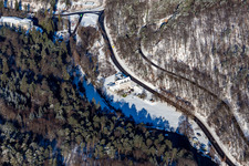 Winter aerial view in the snow from the Hotel Pfälzer Wald in the Kurtal in Bad Bergzabern in the state Rhineland-Palatinate, Germany