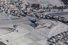 Winter aerial view in the snow of the St. Dionysius Chapel in the district Gleiszellen in Gleiszellen-Gleishorbach in the state Rhineland-Palatinate, Germany