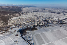 Winter aerial view in the snow in Klingenmünster in the state Rhineland-Palatinate, Germany