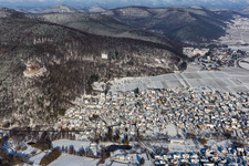 Aerial view of Winter aerial view in the snow in Klingenmünster in the state Rhineland-Palatinate, Germany