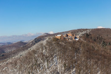 Aerial view of Winter aerial view in the snow of Madenburg in Eschbach in the state Rhineland-Palatinate, Germany