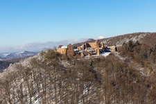 Aerial view of Winter aerial view in the snow of Madenburg in Eschbach in the state Rhineland-Palatinate, Germany