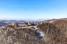 Aerial view of Winter aerial view in the snow of Madenburg in Eschbach in the state Rhineland-Palatinate, Germany
