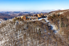 Aerial view of Winter aerial view in the snow of Madenburg in Eschbach in the state Rhineland-Palatinate, Germany