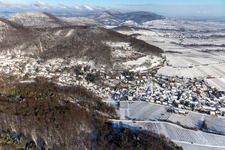 Winter aerial view in the snow in Leinsweiler in the state Rhineland-Palatinate, Germany