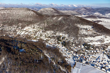 Aerial view of Winter aerial view in the snow in Leinsweiler in the state Rhineland-Palatinate, Germany