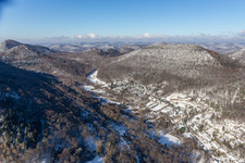 Winter aerial view in the snow of the Birnbachtal in Leinsweiler in the state Rhineland-Palatinate, Germany