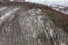 Winter aerial view in the snow of Neukastell Castle in Leinsweiler in the state Rhineland-Palatinate, Germany