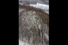 Aerial view of Winter aerial view in the snow of Neukastell Castle in Leinsweiler in the state Rhineland-Palatinate, Germany