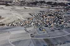 Aerial view of Winter aerial view in the snow in Birkweiler in the state Rhineland-Palatinate, Germany