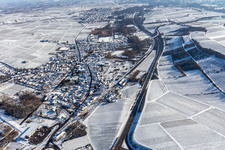 Winter aerial view in the snow in Siebeldingen in the state Rhineland-Palatinate, Germany