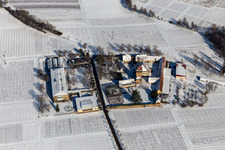 Wintry snowy building complex of the Institute Julius Kuehn Rebforschungsanstalt Geilweilerhof mit bluehenden Mandelbaeumen in Siebeldingen in the state Rhineland-Palatinate, Germany