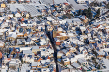 Winter aerial view in the snow of the Protestant church on the Weinstraße in Frankweiler in the state Rhineland-Palatinate, Germany